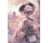 MIRONS Kits de Punto de Cruz Estampados, Chica con kimono y flores 11CT Set Kits Bordado Punto de Cruz Kit Completo Hilo y Tela Impreso Contado Patrones a Mano Hacer faciles(K213)