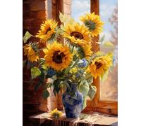 MIRONS Kits de Punto de Cruz, Girasol en el alféizar de la ventana,S,30 * 40cm 11CT Estampado Patrones Fáciles de Bordado Para Niñas Manualidades Suministros de Punto de Cruz Costura