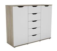 Miroytengo Aparador de 2 Puertas, Buffet para Salón, 5 Cajones PARC Roble Sonoma y Blanco Mate 120x97x38 cm