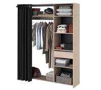 Miroytengo Armario Vestidor Dark, Armario con Cajón y Barra Colgadora, Cortina Roble Brooklyn y Black Stipple 161x200x40 cm