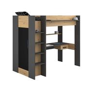 Miroytengo Cama Alta High con Armario y Escritorio en Color Roble Artisan y Gris Oscuro 90x200 cm