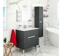 Miroytengo Conjunto de Muebles de Baño Moderno Lotto Color Gris Antracita y Roble (Espejo+Lavabo+Columna suspendida)