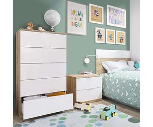 Miroytengo Conjunto Habitación Juvenil Infantil Blanco Artik (Mate) Y Roble Canadian (Cabezal+mesit sinfonier)