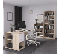 Miroytengo Conjunto Muebles de Oficina Veltis, Escritorio, Cajonera, Estantería Baja y Alta Color Blanco y Roble Japonés