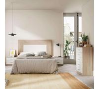 Miroytengo Conjunto Muebles Dormitorio Matrimonio con Cómoda, 2 Mesitas Noche 3 Cajones y Cómoda 5 Cajones Color Blanco y Sahara