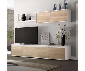 Miroytengo Conjunto para Salón con mueble TV, módulo superior y estante en color Roble Canadian y Blanco Mate 200cm Blanco/ Madera -