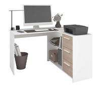 Miroytengo Escritorio Esquinero 3 Cajones Finit, Mesa de Estudio, Escritorio en L Color Blanco y Roble Jackson 121x75x111 cm