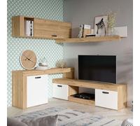 Miroytengo Mueble Salón Modular Rinconero Conjunto Completo Mueble TV Argos 4 Módulos Blanco Mate y Roble Naturale 293x200x40 cm