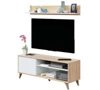 Habitdesign Modulo TV con Estante, Mueble de Salon, Juego de Muebles, Modelo Kikua Plus, Acabado en Blanco Artik y Roble Canadian, Medidas: 135 cm (Ancho) x 50 cm (Alto) 40 cm (Fondo)