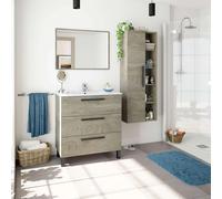 Miroytengo Pack Baño Completo Roble Alaska Mueble Baño, Columna de baño, Espejo y Lavabo Cerámico Incluido Madera claro - Negro -