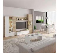 Miroytengo Pack Completo Muebles Salón con Led Color Canadian Y Blanco Moderno (Mueble + Mesa De Centro + Mesa Comedor)