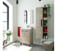 Miroytengo Pack De Baño Aseo Color Roble Alaska con Mueble, Espejo, Lavabo Y Columna Industrial Lavabo Incluido