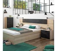 Miroytengo Pack de Dormitorio Andy Estilo Industrial en Color Roble Canadian y Óxido Cama + Cabecero con Mesitas + Cómoda