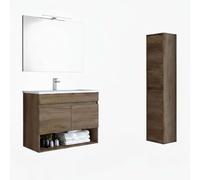 Miroytengo Pack de Muebles de Baño en Color Roble Nordik formado por Mueble de Baño, Columna, Espejo y Lavabo Cerámico