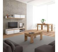 Pack de muebles de salón color blanco mate y roble natural con mueble tv, mesa centro y mesa comedor extensible