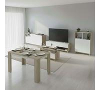Miroytengo Pack de Salón Azzaro, Módulo TV + Mesa Centro Elevable, 2 Aparadores y Mesa Comedor Roble Japonés y Blanco