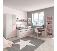 Pack habitación juvenil completa con cama con somieres (90×190/90×180) + armario + escritorio + estantería, color rosa, blanco y gris 199 cm
