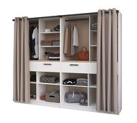 Miroytengo Vestidor Abierto Modular Flexa Dormitorio en Color Roble Jakson y Blanco Mate con 4 Cajones, 8 Estantes, 2 Barras con Cortinas 240x200 cm