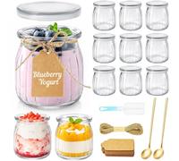 MirraSwit 12 Piezas 200ml Vasos Yogurtera con Tapa & Cucharada, Transparente Tarro Cristal con Tapa, Botes Pequeños de Cristal, con Pegatinas de Etiqueta, Cepillos para Postres, Mermeladas, Miel