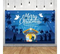 MIRRORANG 2.7x1.8m Fondo de Navidad con Natividad de Jesús, Pesebre, Virgen María, José, ovejas y Reyes Magos, Fondo para fotografía Nocturna, decoración para Fiestas religiosas cristianas