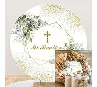 MIRRORANG Diámetro 1,8m Mi Bautizo Fondo Verde Redondo Plantas Rústicas Oro Crucifijo Puntos Foto Fondo Bautismo Cristiano Baby Shower Fotografía Decoración Suministros, Poliéster