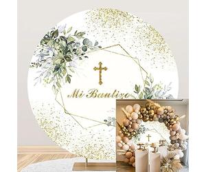MIRRORANG Diámetro 1,8m Mi Bautizo Fondo Verde Redondo Plantas Rústicas Oro Crucifijo Puntos Foto Fondo Bautismo Cristiano Baby Shower Fotografía Decoración Suministros, Poliéster