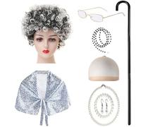 Mirweon Disfraz de anciana de 9 piezas para niños, disfraz de abuela con chal, gafas, collar, aretes, caminando enfermo