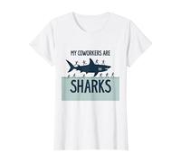 Mis compañeros de Trabajo Son Tiburones Humor de Oficina Divertido Camiseta, Mujer, Blanco, 3XL