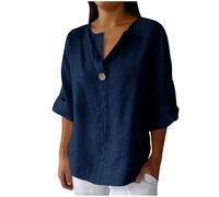 Mis Pedidos Camiseta Mujer de Mangas Tres Cuartos Algodón y Lino Cuello V Suelto Casual Moda Blusa de Manga 3/4 Transpirable Camisa Mujer Informal Trabajo de Oficina Fiesta Talla Grande Shirt