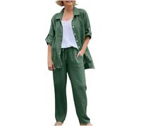 Mis Pedidos Conjunto Mujer Vestir Dos Piezas,2 Piezas Conjuntos de Verano Otoño Algodón y Lino Cárdigan Camisa de Manga 3/4 y Pantalones Largos Suelto Oficina Casual Traje Color Sólido Cómodo Set