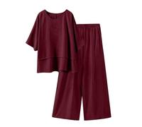 Mis Pedidos Conjunto Mujer Vestir Dos Piezas,2 Piezas Talla Grande Conjunto de Verano Otoño Algodón y Lino Camiseta de Manga 3/4 y Pantalones Ancho Suelto Oficina Casual Traje Color Sólido Cómodo Set