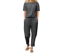 Mis Pedidos Conjunto Mujer Vestir Dos Piezas,Conjuntos de Lino 2 Piezas Algodón y Lino Color Sólido Cuello Redondo Camisetas Manga Corta y Pantalones Largo con Bolsillos Sueltos Casual Chandal Mujer