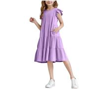Mis Pedidos Niñas Vestido con Mangas Voladoras Verano Niños Vestido Informal A-Line Elegante Swing Vestidos de Fiesta para Niñas Cintura Alta Color Sólido Falda de Pastel Ropa Niña Adolescentes