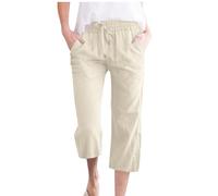 Mis Pedidos Pantalones Mujer Verano,Algodón y Lino Frescos Pantalón de Cintura Alta Elástico con Bolsillos Casual 3/4 Pantalones Anchos con Cordón Ligeros y Cómodos Pantalon Chandal Mujer