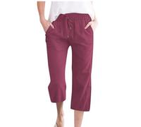 Mis Pedidos Pantalones Mujer Verano,Algodón y Lino Frescos Pantalón de Cintura Alta Elástico con Bolsillos Casual 3/4 Pantalones Anchos con Cordón Ligeros y Cómodos Pantalon Chandal Mujer