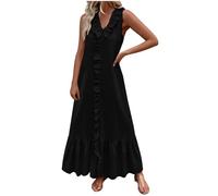 Mis Pedidos Vestidos Largo Mujer Lino Algodón Vestido Sin Mangas Verano Casual Cuello en V Volantes Cómodo Vestidos Suelto Color Sólido Elegante Vestido Basico Elegante Fiesta Playa 2025