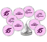 Mis Quince Birthday Purple Kisses Pegatinas (juego de 216), etiquetas de gotas de chocolate de quinceañera, 15 recuerdos de decoración de fiesta Decoración para besos