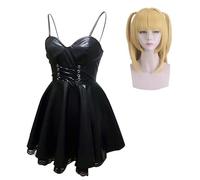 Misa Amane - Disfraz de cosplay de Misa Amane, uniforme de campus o vestido de tubo de cuero negro con correa superior con accesorio de medias, vestido de mujer, traje de cosplay de anime, Halloween