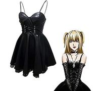 Misa Amane - Disfraz de cosplay de Misa Amane, uniforme de campus o vestido de tubo de cuero negro con correa superior con accesorio de medias, vestido de mujer, traje de cosplay de anime, Halloween