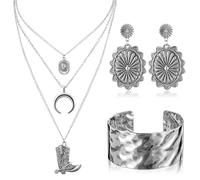 Misdary Juego de 3 joyas rústicas occidentales para mujer, conjunto de joyas de vaquera, collar turquesa, aretes, brazalete bohemio para mujer, various sizes, cuero, aleación, No es una piedra