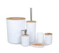 MisFox Juego de 6 Piezas Accesorios de Baño de Bambú con Dispensador de Jabón, Cubo de Basura, Vaso para cepillo de dientes, Soporte para cepillo de dientes, Jabonera y Escobilla para inodoro - Blanco