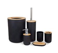 MisFox Juego de 6 Piezas Accesorios de Baño de Bambú con Dispensador de Jabón, Cubo de Basura, Vaso para Cepillo de Dientes, Soporte para Cepillo de Dientes, Jabonera y Escobilla para Inodoro - Negro