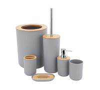 MisFox Juego de 6 Piezas Accesorios de Baño de Bambú con Dispensador de Jabón, Cubo de Basura, Vaso para Cepillo de Dientes, Soporte para Cepillo de Dientes, Jabonera y Escobilla para Inodoro (Gra)