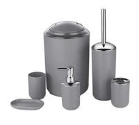 MisFox Set de 6 Accesorios para el Cuarto de Baño con Dispensador de Jabón, Cubo de Basura, Soporte de Cepillo de Dientes, Taza de Dientes, Cepillo de Baño y Jabonera - Gris