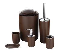 MisFox Set de 6 Accesorios para el Cuarto de Baño con Dispensador de Jabón, Cubo de Basura, Soporte de Cepillo de Dientes, Taza de Dientes, Cepillo de Baño y Jabonera - Marrón