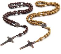 MisFun 2 Piezas Collar de Rosario con Cruz Católica, Cuentas de Oración de Madera Natural, Rosario Madera Rosarios Religiosos, para Cristianos Católicos Comunión Religiosa, Bautismo, Misa, Biblia