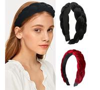 MisFun 2 Piezas Diadema Mujer, Diademas de Terciopelo Trenzadas, Diadema Ancha, Cinta para el Cabello Vintage, Accesorio para el Cabello para Mujeres y Niñas (Negro, Rojo)