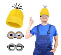 MisFun 3 Piezas Accesorios de Disfraces Halloween, 2 Gafas Steampunk-1 Gorro Amarillo, Accesorio de Disfraz Gracioso, Accesorios de Cosplay de Minion para Halloween, Adultos Niños