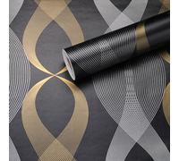 MisFun Papel Pintado, Papel Adhesivo para Muebles, Papel Decorativo Pared 45x500cm, Papel Pintado Autoadhesivo, para Encimeras, Muebles, Revestimiento de Paredes, Fácil de Limpiar (Curva Negra)
