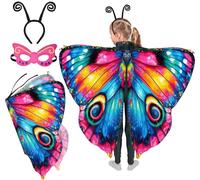 Mishopy Alas de Mariposa Niña Disfraz Mariposa Niña Máscara Bola Diadema Mariposa Cabo Halloween Mariposa Capa Disfraz Alas de Mariposa Carnaval Vestido de Fiesta Niñas (rosa roja)